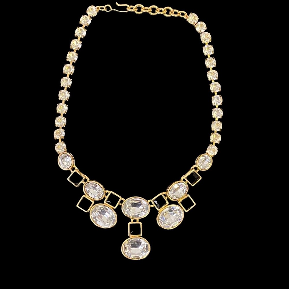 Vintage Runway Monet Rhinestone Swarovski Crystal Necklace Black Clear Signed